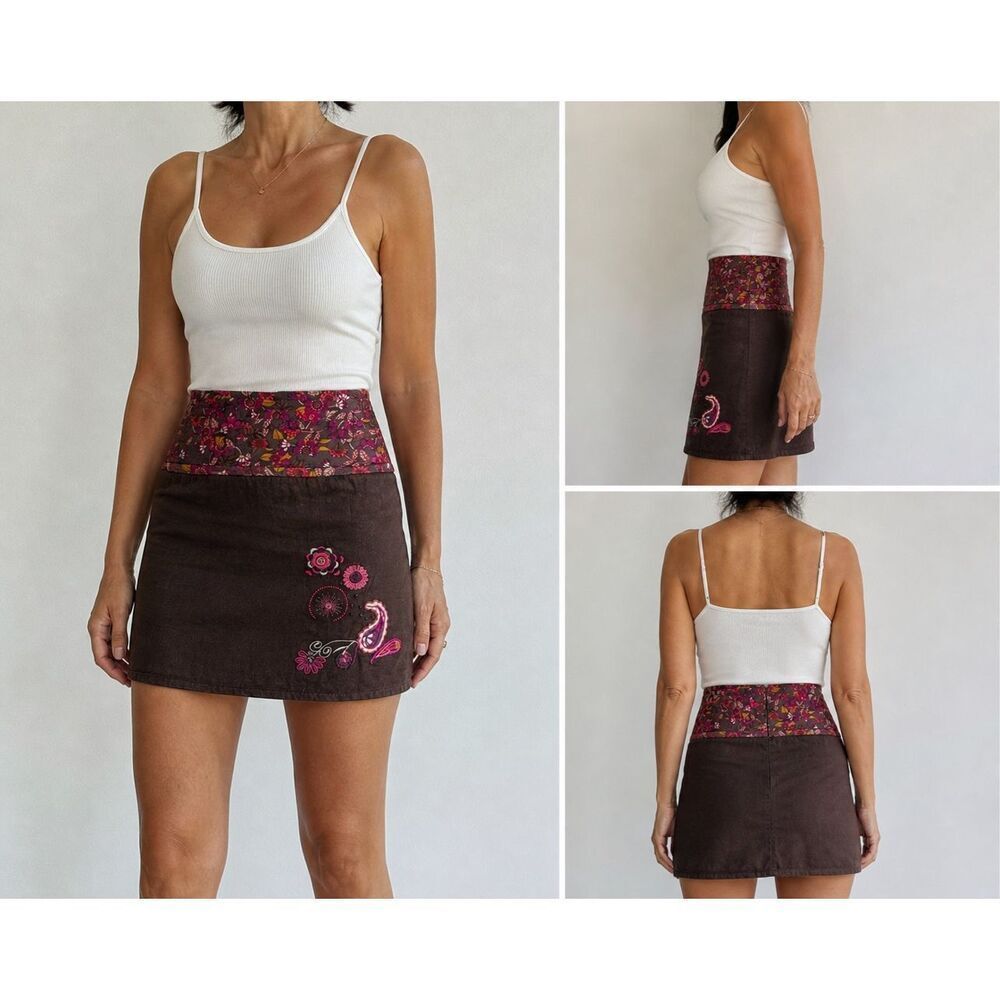 Cache Cache Mini Skirt Size 42EU/ Brown Floral Embroidered Boho Lined